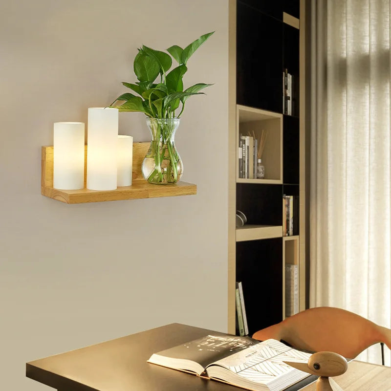 applique murale nordique bois plante verte abat-jour verre led