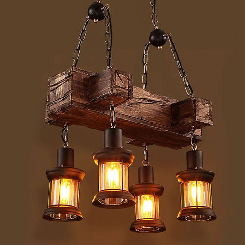 lustre vintage oukaning 4 lumières en bois suspendu industriel
