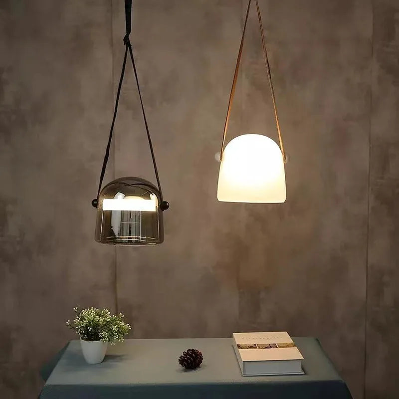 lustre moderne en verre et cuir avec led pour décoration maison