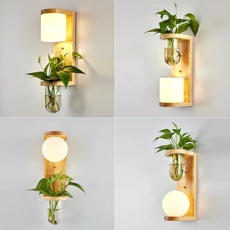 applique murale nordique bois plante verte abat-jour verre led