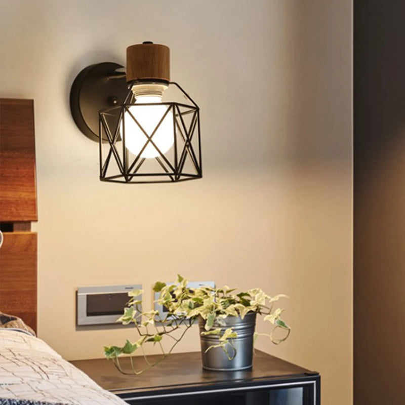 applique murale led moderne en bois avec cage en fer