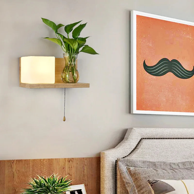 applique murale nordique bois plante verte abat-jour verre led