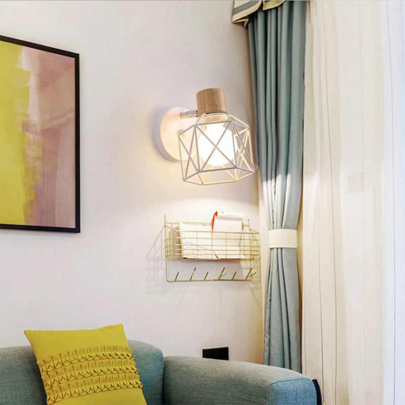 applique murale led moderne en bois avec cage en fer