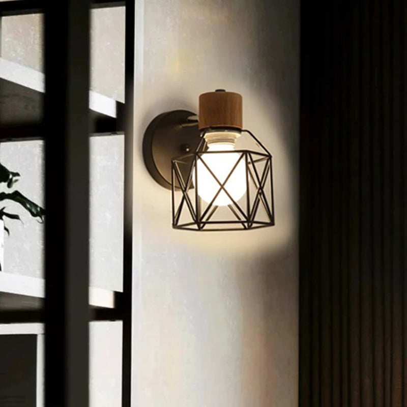 applique murale led moderne en bois avec cage en fer