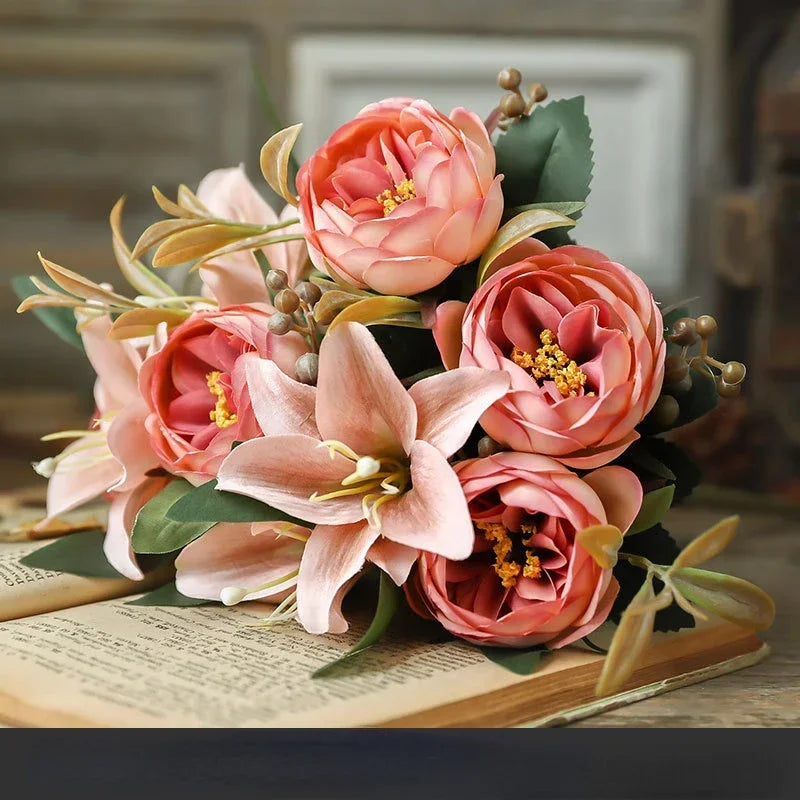 bouquet de pivoines et lys en soie pour saint-valentin