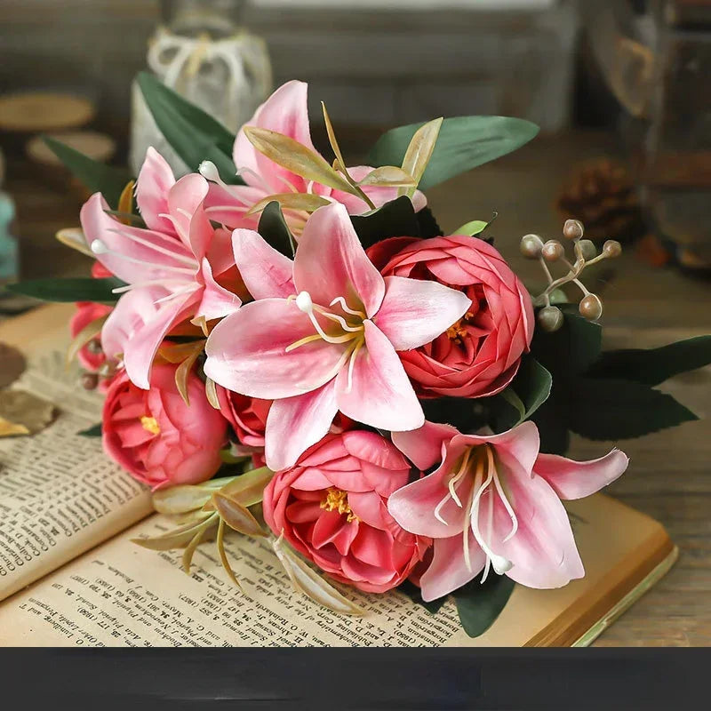 bouquet de pivoines et lys en soie pour saint-valentin