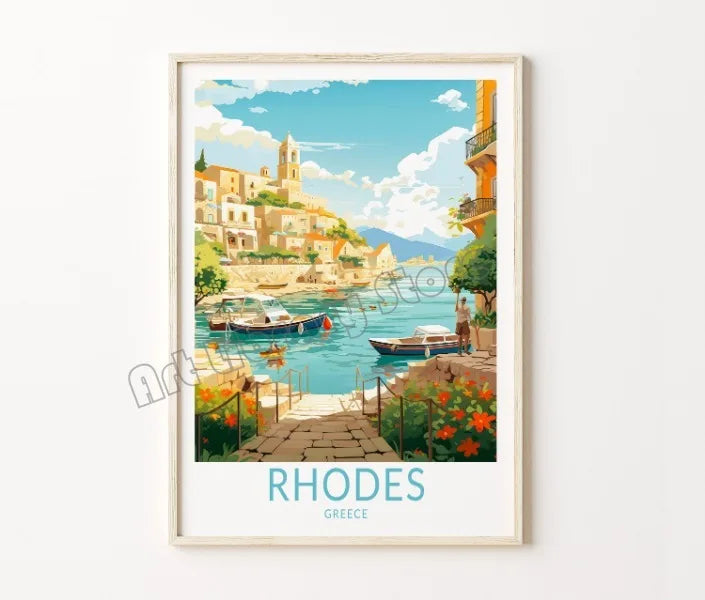 affiche rétro de voyage château et île de santorin décor mural