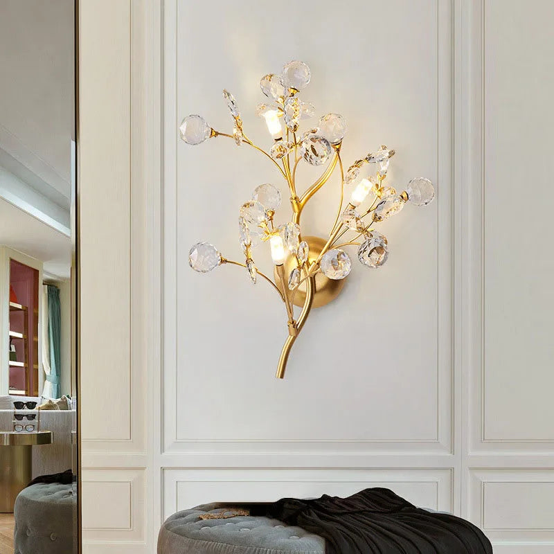 applique murale en cristal avec branches de fleurs romantiques en métal