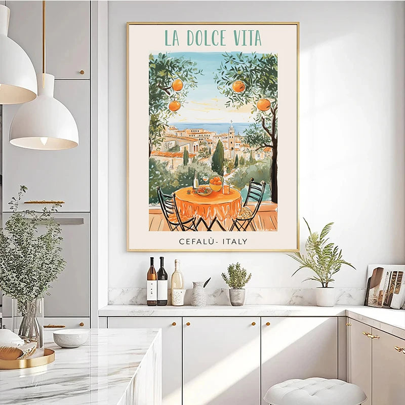 affiche vintage italienne avec paysages et gastronomie méditerranéenne