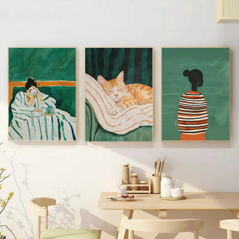 art mural abstrait femme chat décorations modernes pour intérieur