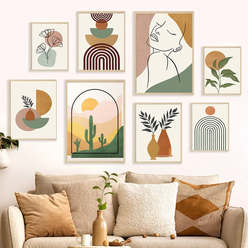 art mural abstrait cactus feuilles fleurs géométriques décor boho
