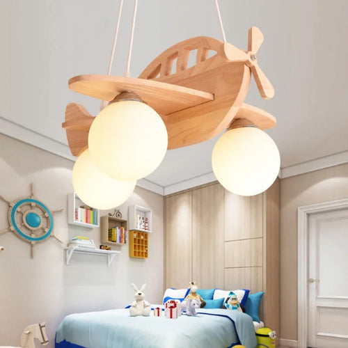 lustre en bois avion pour chambre d'enfant à led