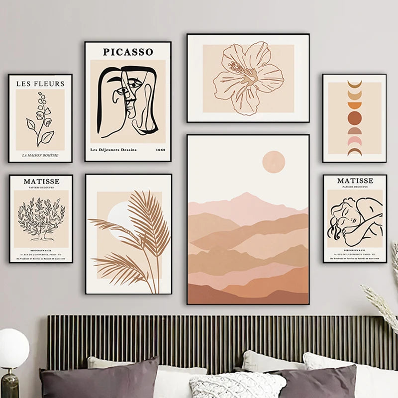 art mural abstrait boho feuillage lune et fleurs décorations murales