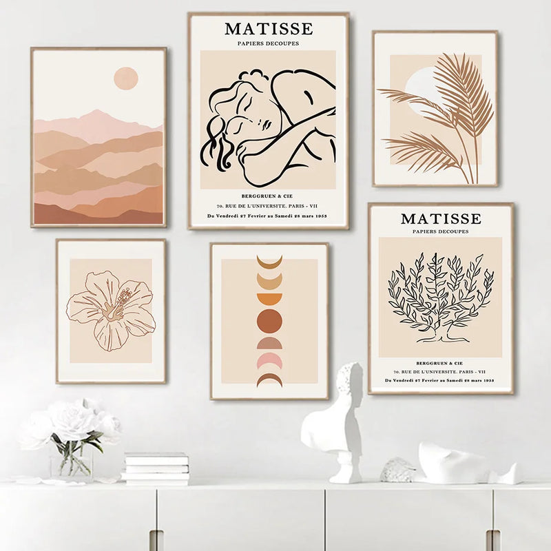 art mural boho abstrait feuilles lune fleurs pour décoration moderne