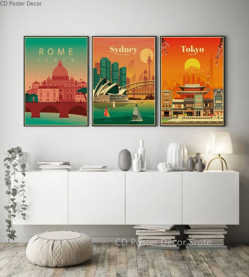 affiche vintage des villes du monde art mural