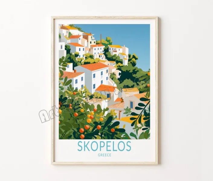 affiche rétro de voyage château et île de santorin décor mural