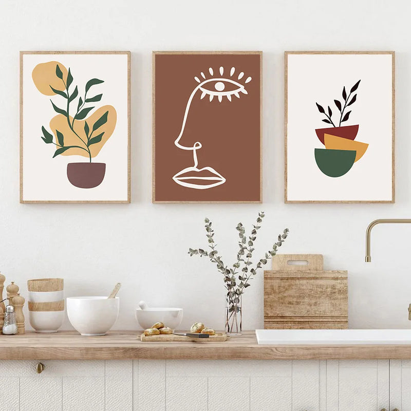 art mural abstrait boho avec fleurs lune et arc-en-ciel