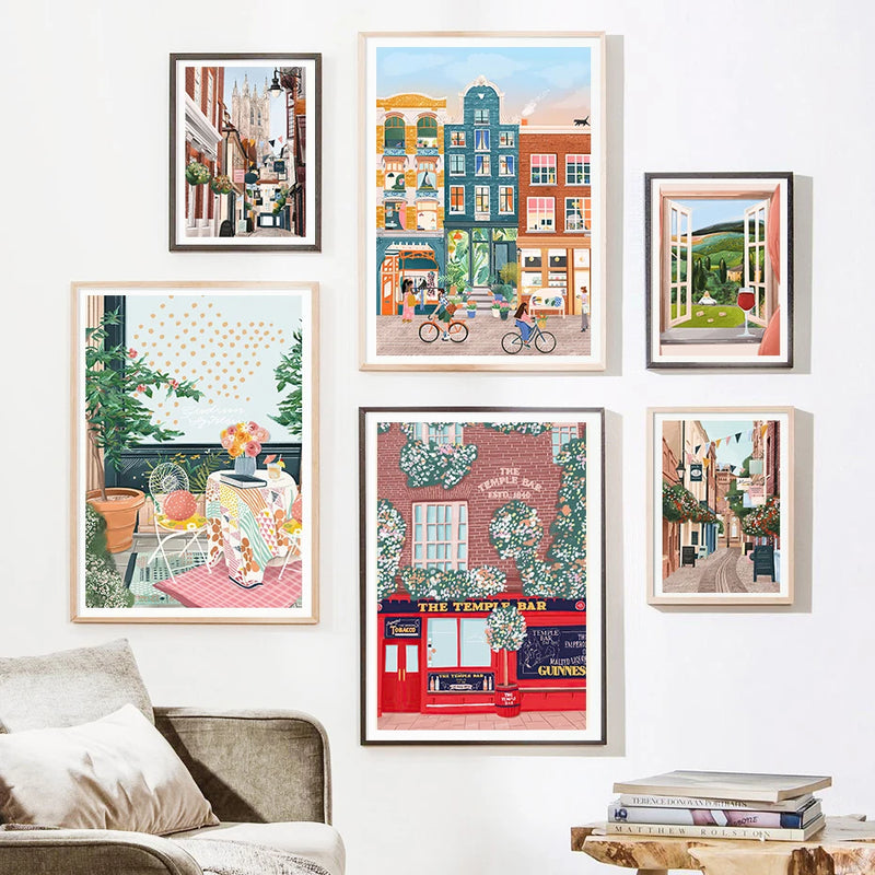 aquarelle art mural ville côtière décor moderne affiches nordiques