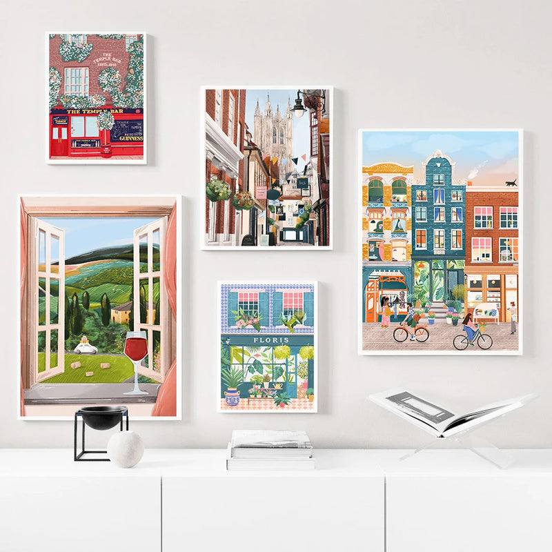 art mural aquarelle ville côtière décoration nordique peinture décorative