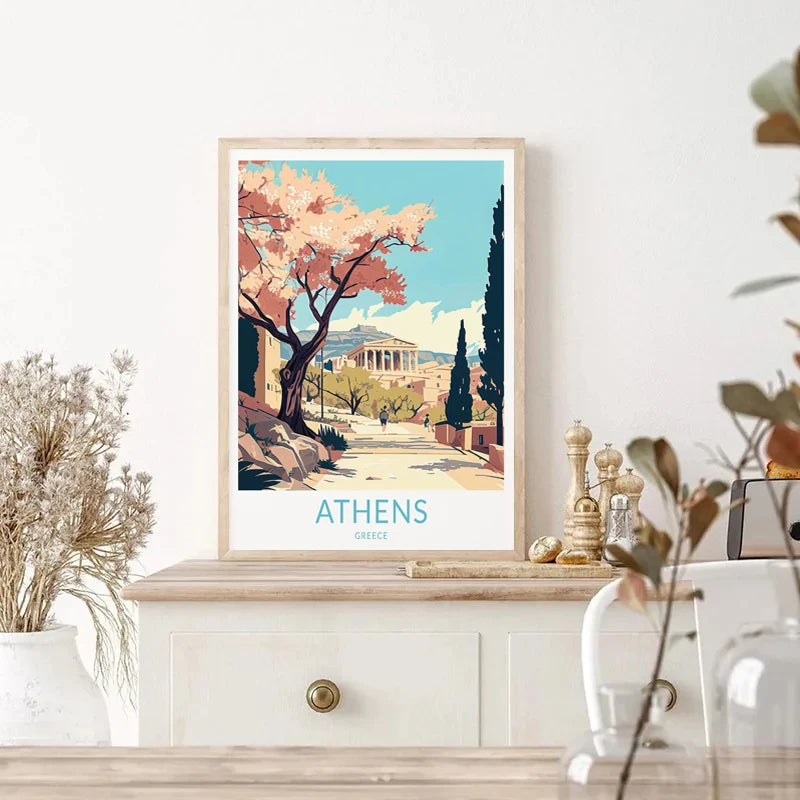 affiche rétro de voyage château et île de santorin décor mural