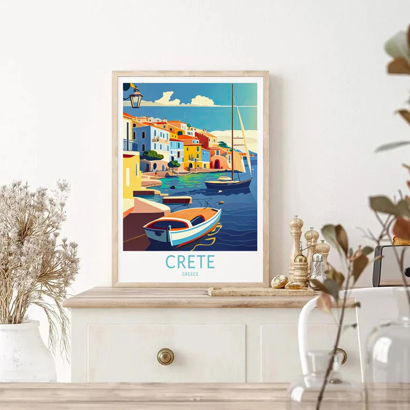 affiche rétro de voyage avec château et île de santorin