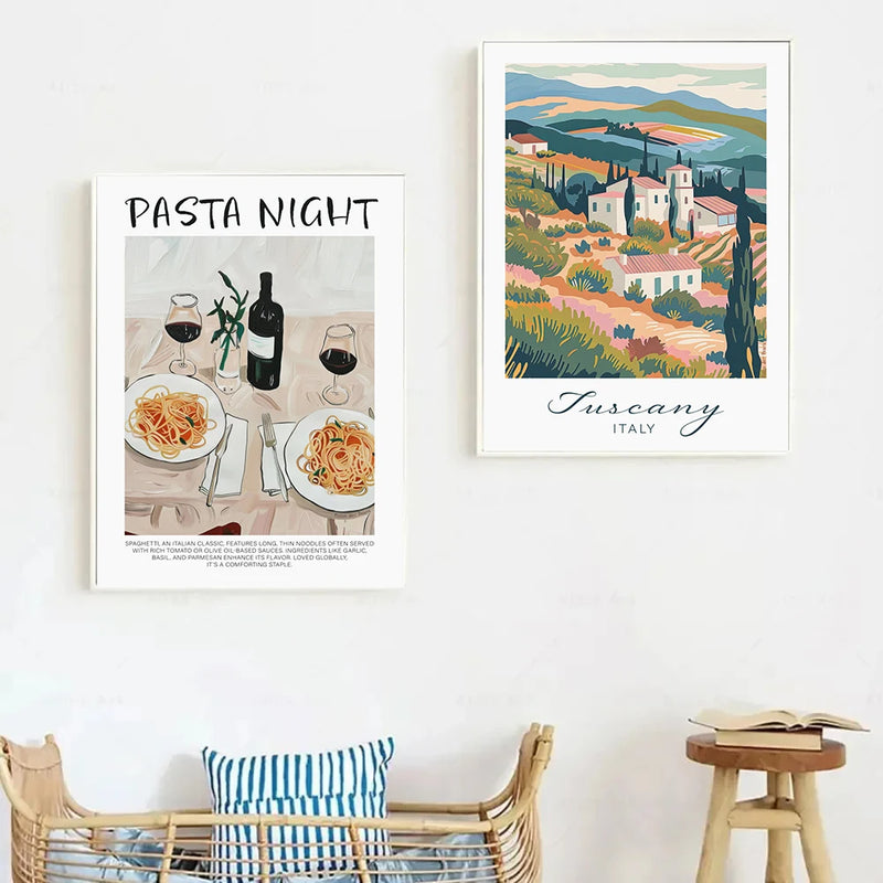 affiche vintage italienne avec paysages et gastronomie méditerranéenne