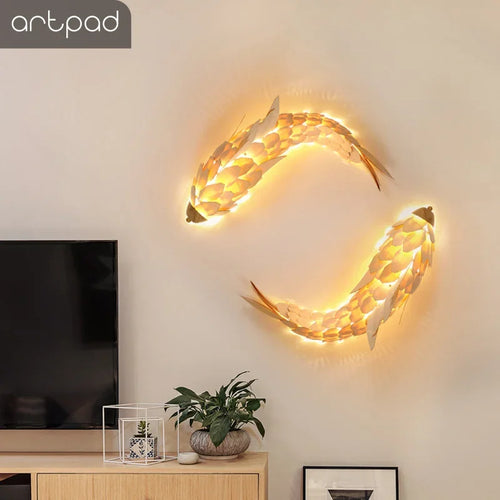 applique murale Créatif à la main Style chinois bois poisson brillante LED 12W salon chevet escalier éclairage décor
