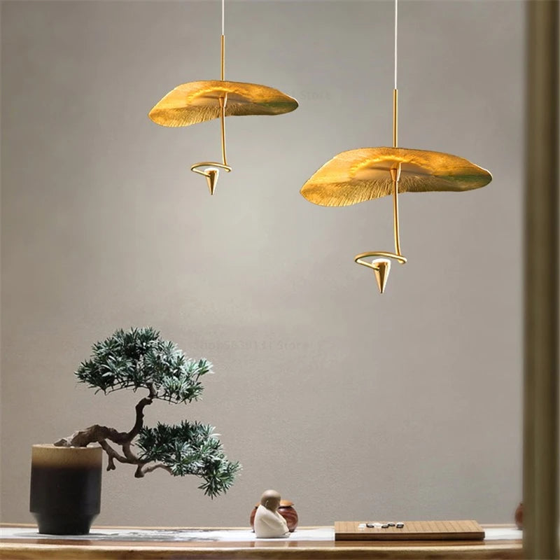 lustre zen vintage feuille de lotus en cuivre doré