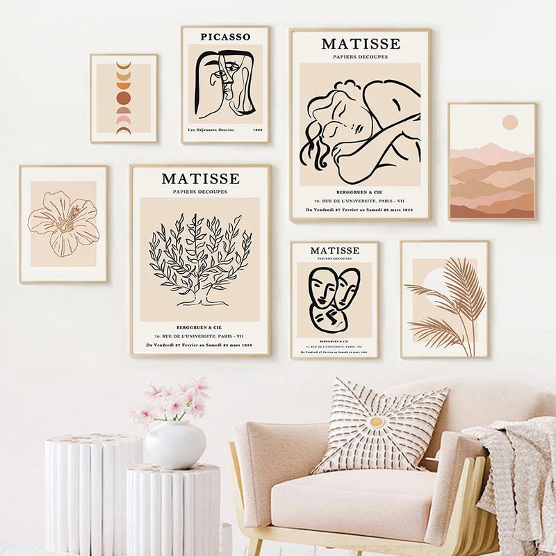 art mural abstrait boho soleil lune feuilles pour décoration intérieure