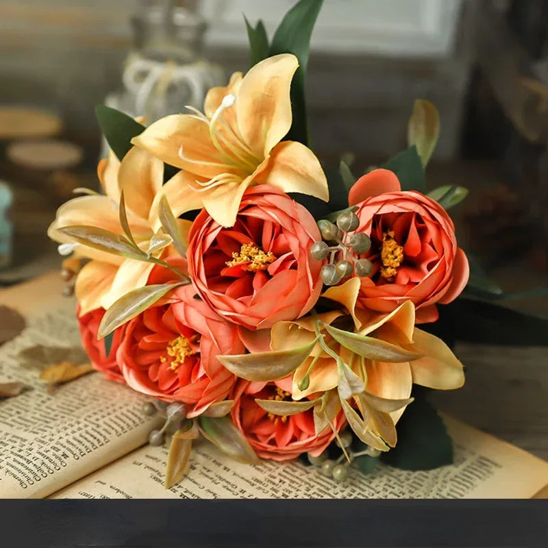 bouquet de pivoines et lys en soie pour saint-valentin
