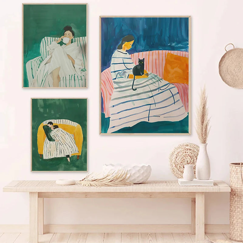 art mural abstrait femme chat décorations modernes pour intérieur