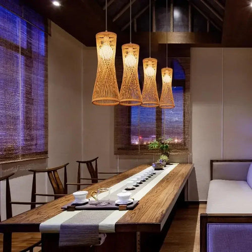 lustre en bambou et rotin tissé style japonais pour décoration