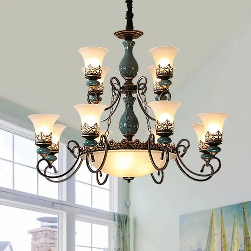 lustre rétro européen en céramique avec abat-jour en verre