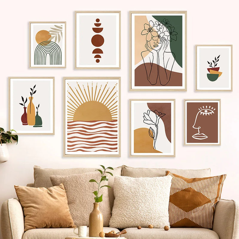 art mural abstrait boho avec fleurs lune et arc-en-ciel