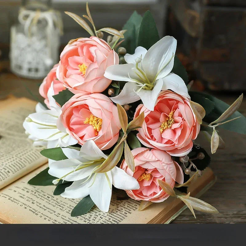 bouquet de pivoines et lys en soie pour saint-valentin