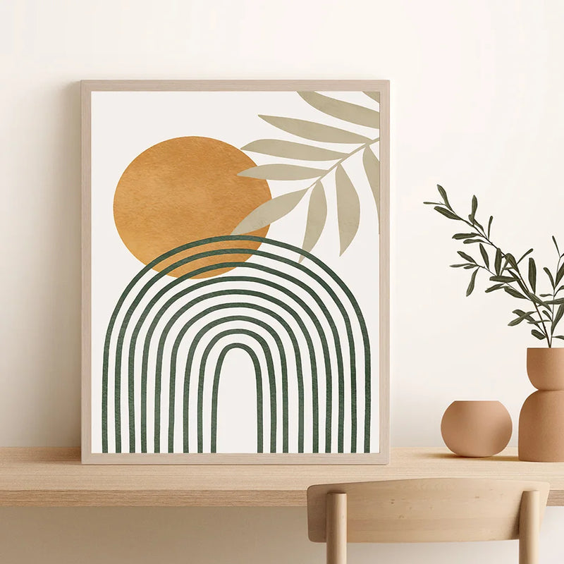 art mural abstrait boho avec fleurs lune et arc-en-ciel