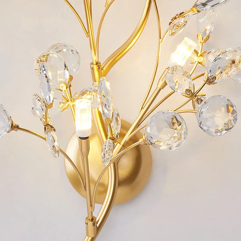 applique murale en cristal avec branches de fleurs romantiques en métal