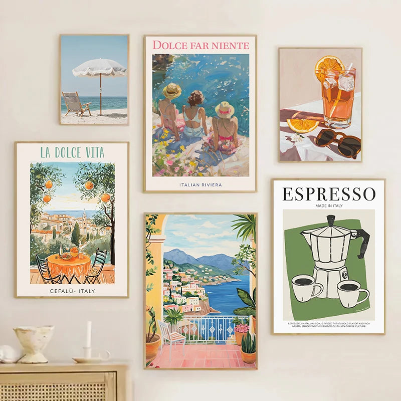 affiche vintage italienne avec paysages et gastronomie méditerranéenne