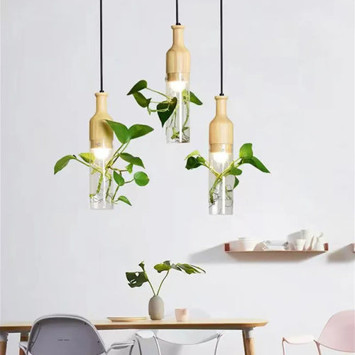 suspension led industrielle en bois et verre pour plantes