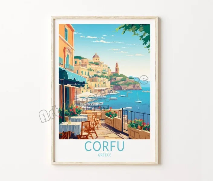 affiche rétro de voyage château et île de santorin décor mural