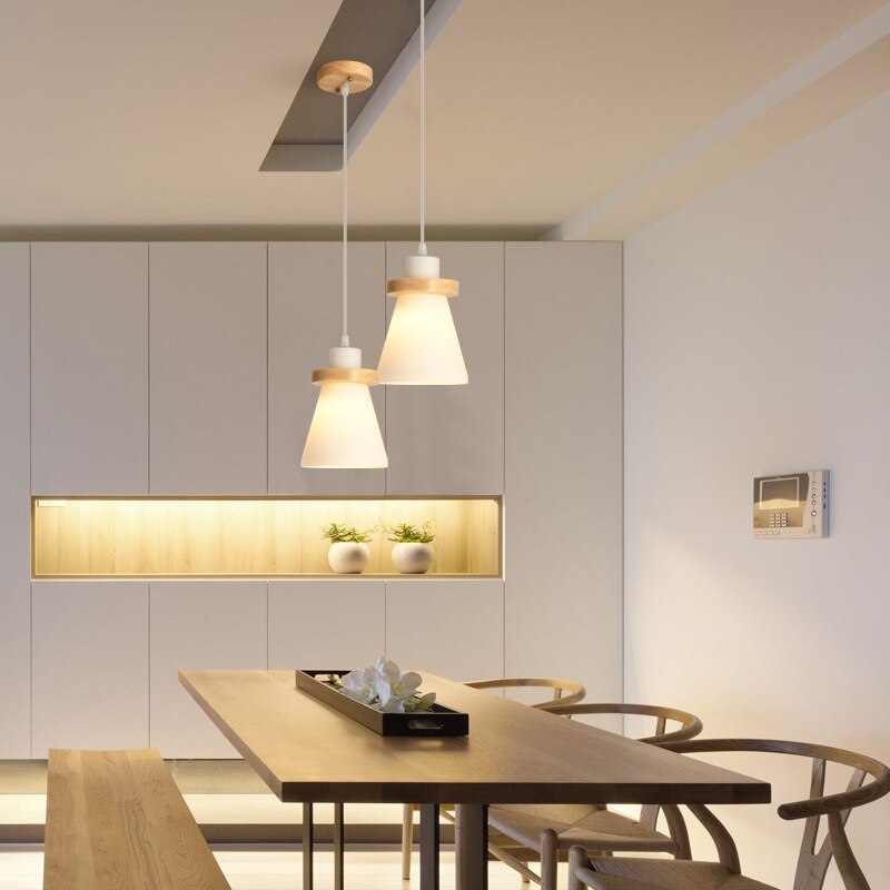 Suspension scandinave LED abat-jour en verre et en bois Kaylie