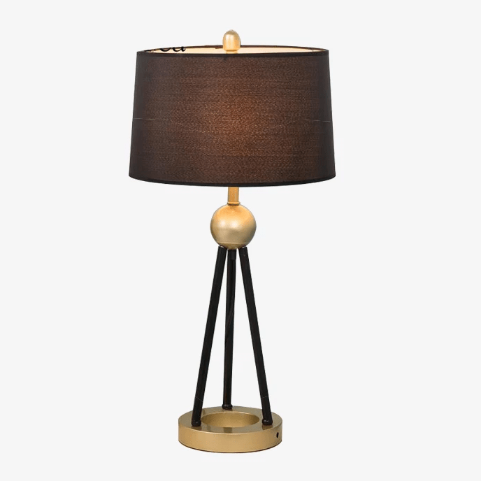 Lampe de chevet LED design trois pieds reliés avec boule doré et abat-jour tissu