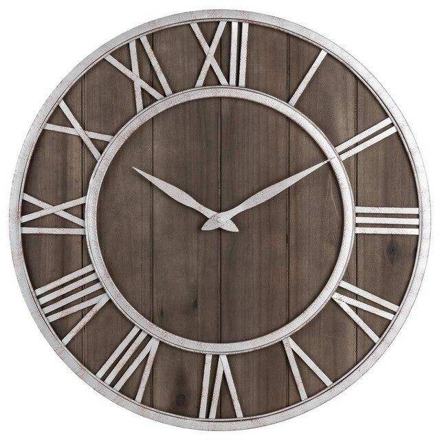 Horloge murale ronde en bois et métal avec chiffres romain style industriel 40cm
