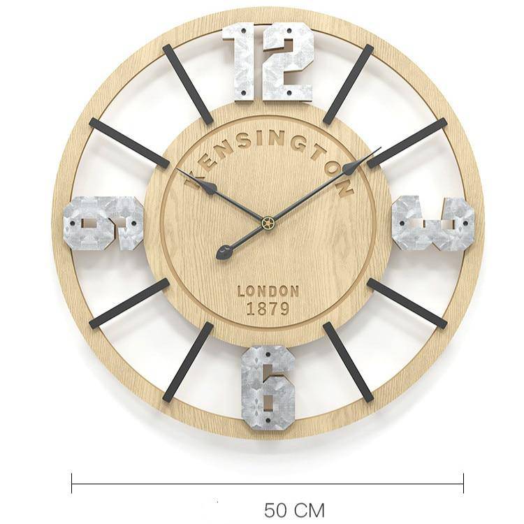 Horloge murale ronde en bois vintage avec chiffres 50cm