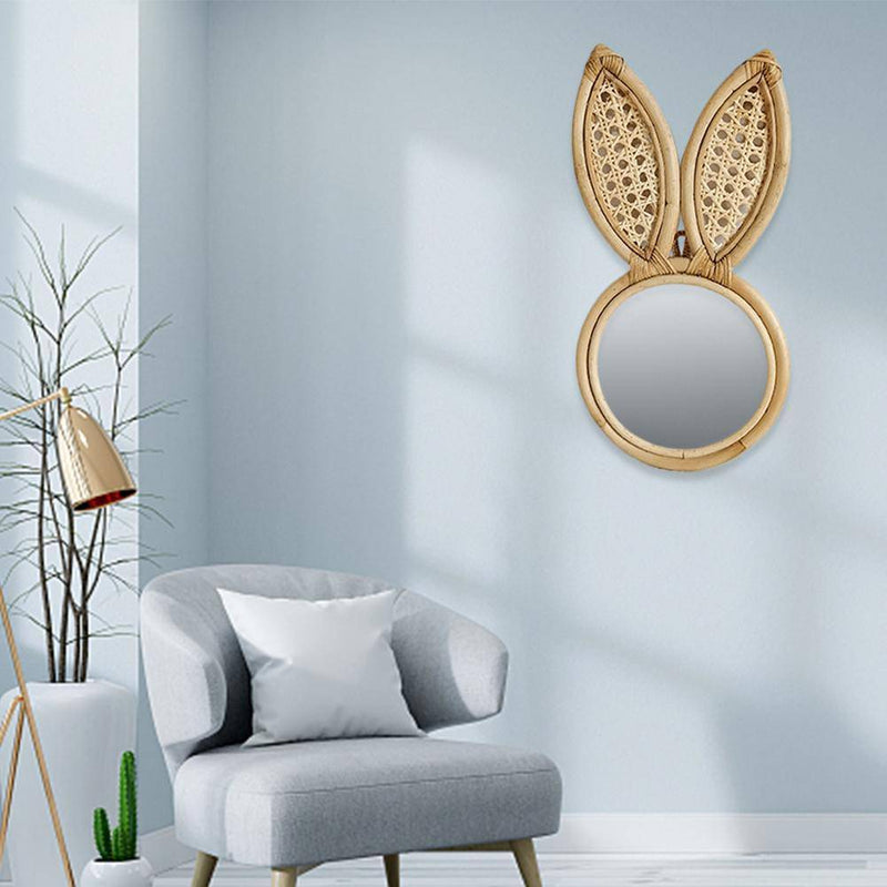 Miroir mural rond en rotin avec oreilles de lapin