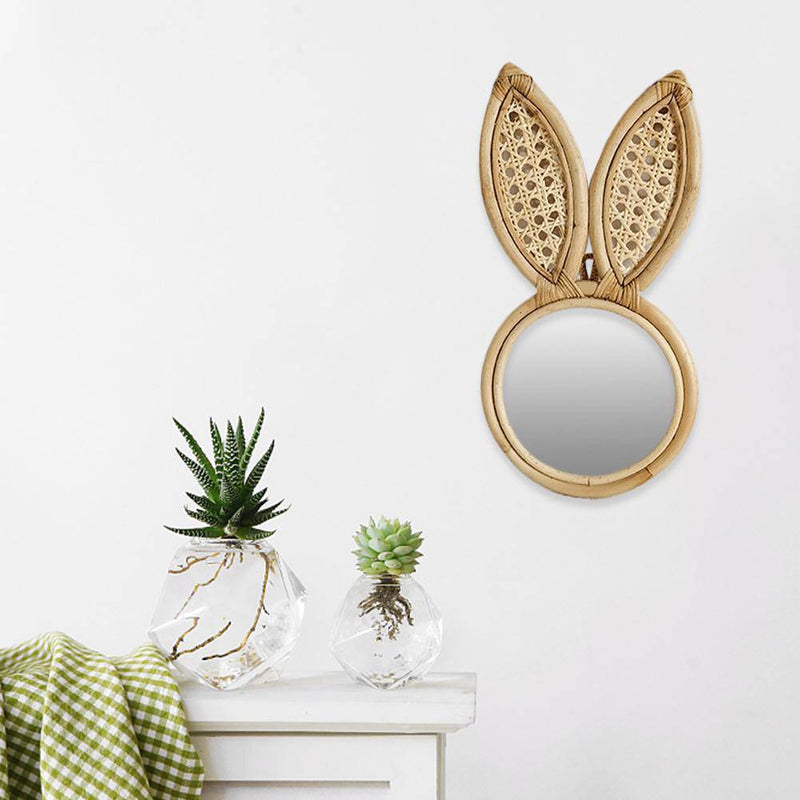 Miroir mural rond en rotin avec oreilles de lapin