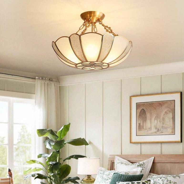 Suspension rétro à LED dorée avec abat-jour en verre