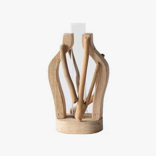 Vase design en verre avec socle en bois style Hydro