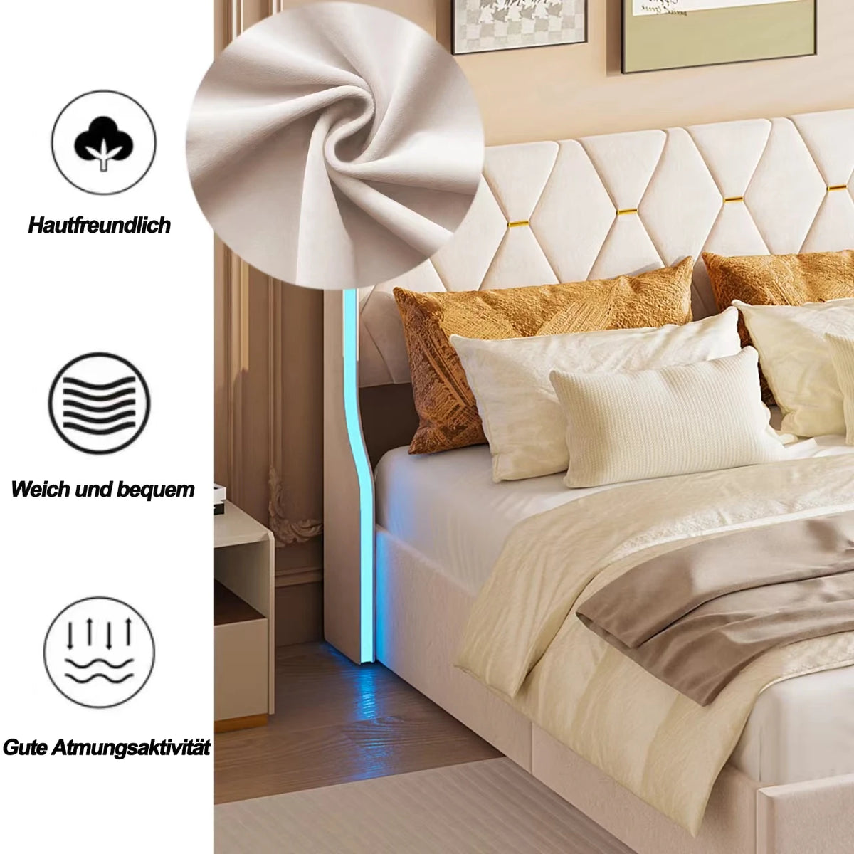 160x200 storage bed with slatted base, Bedside wing lights, Double bed，Hydraulic type, velvet fabric, beige - vue 5 sur 6