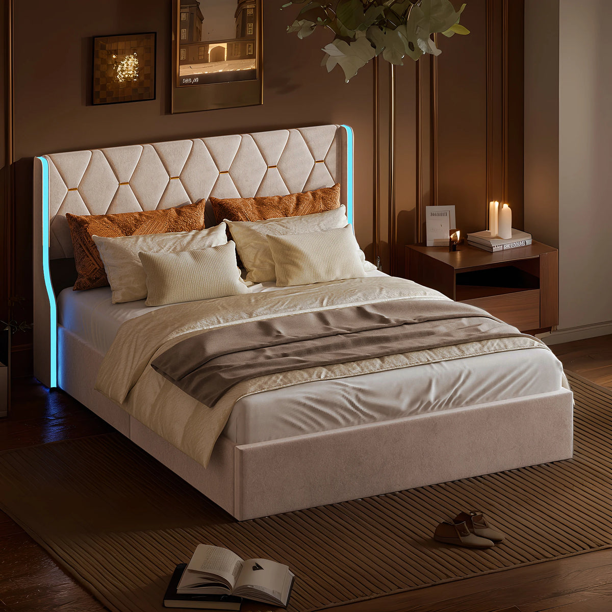 160x200 storage bed with slatted base, Bedside wing lights, Double bed，Hydraulic type, velvet fabric, beige - vue 4 sur 6